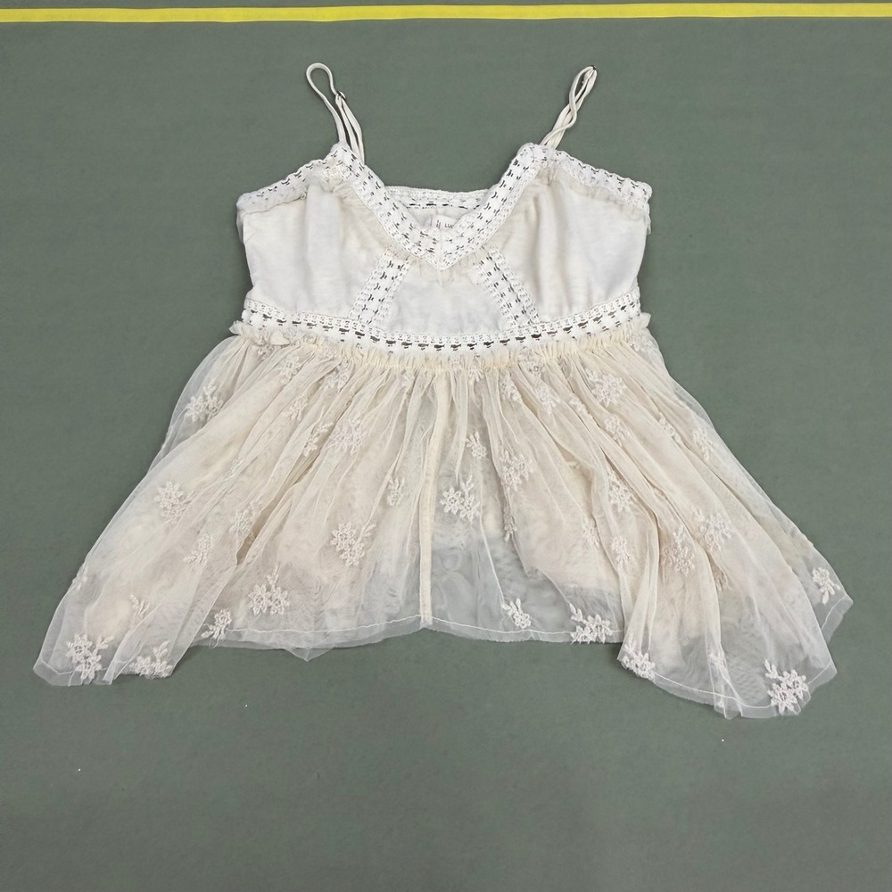 Lucky Brand Cream Embroidered Mesh Lace Trim Boho Camisole Top Medium